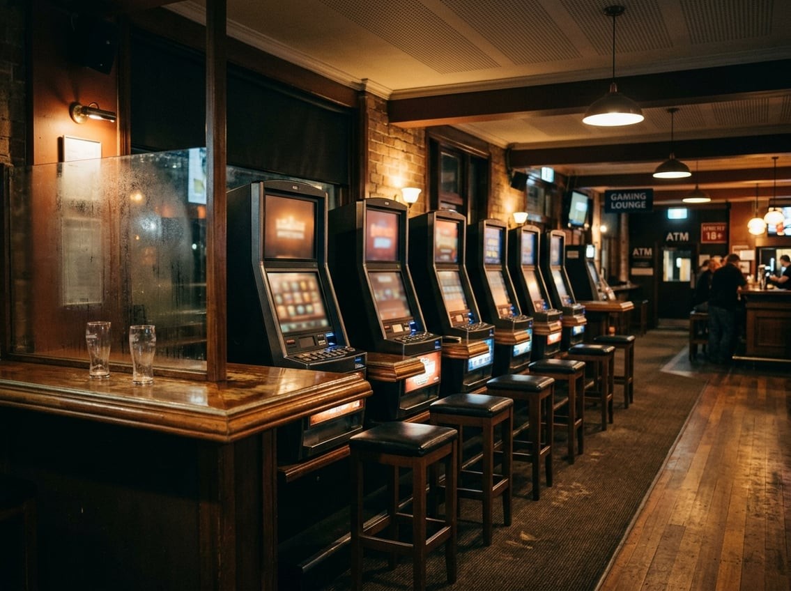 A wide horizontal photograph in a moody documentary style showing a row of Australian pokies machines in a dimly lit pub interior at night, warm amber lighting reflecting off polished timber, empty stools in front of the machines, faint condensation on nearby glass, atmospheric and slightly melancholic in the style of a magazine feature photograph
