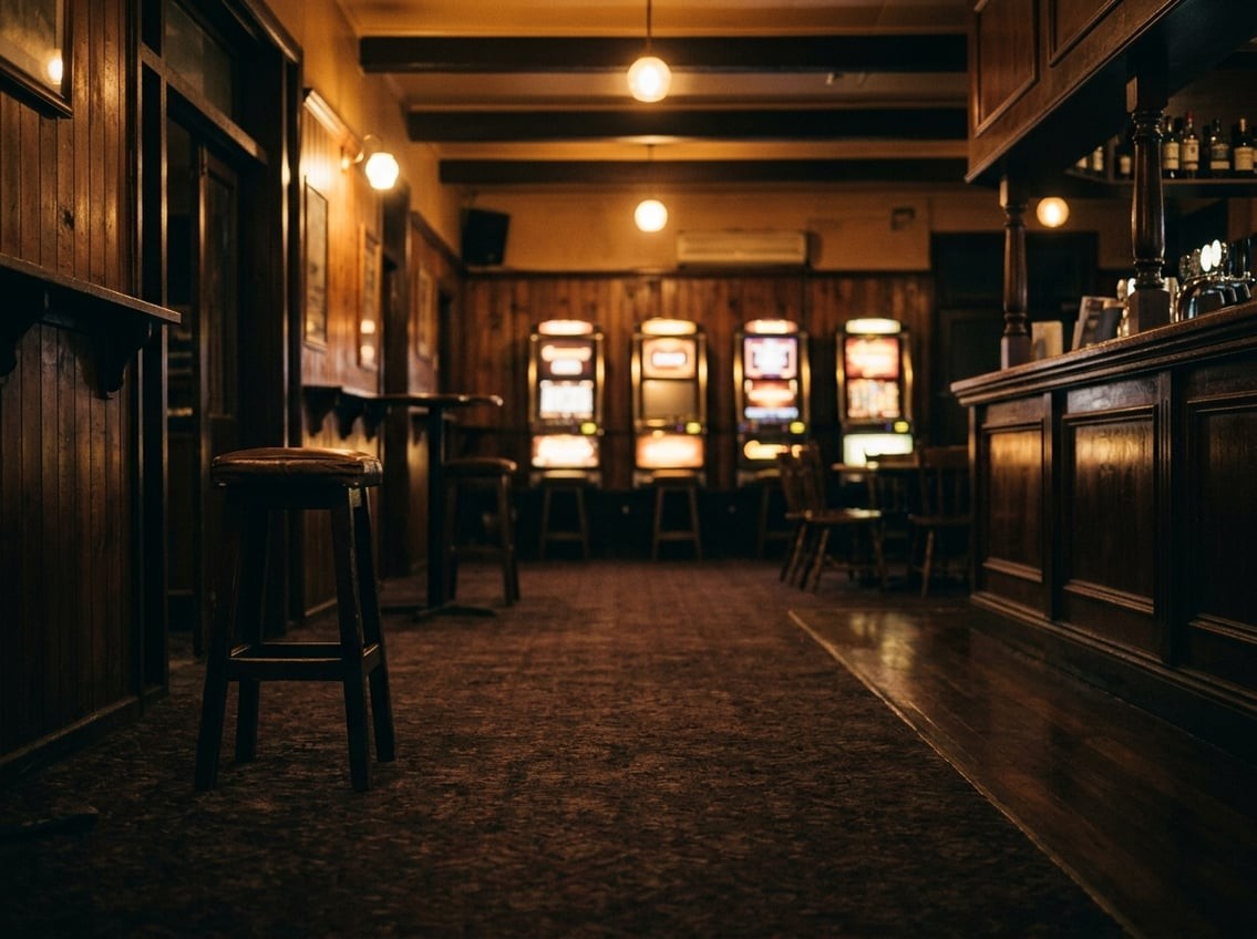 A moody, atmospheric photograph of a dimly lit Australian pub interior at night, warm amber tones bleeding across the ceiling, a row of pokies machines glowing softly in the background, empty carpeted floor in the foreground, in a documentary editorial style reminiscent of Trent Parke or Bill Henson