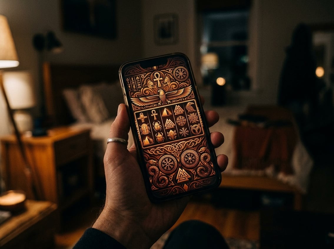 A moody atmospheric photograph of a phone screen displaying a stylised pokies game reel with mythological iconography rendered in warm amber and deep rust tones, held in a hand against a dimly lit interior background, in a magazine-feature photojournalism style